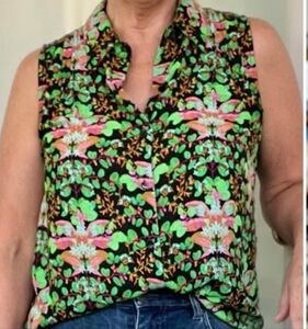 CAbi Black and Green Floral Blouse